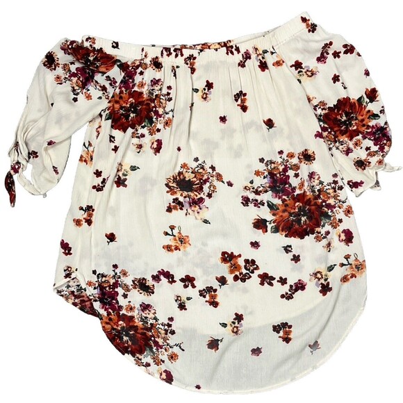 Staccato Top Off Shoulder Short Sleeve Tie Long Back Floral Small Boho Peasant - Picture 2 of 4